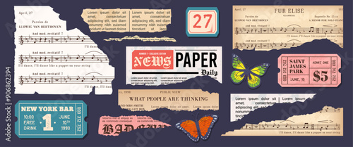Retro Newspaper Scraps and Torn Paper Elements. Old Vintage Coupon and Ticket. Contemporary Mixed Media Style. Vector Elements for flyer, poster, banner.