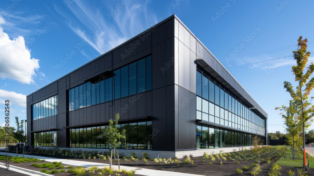 Modern building in aluminum siding and flat angled roofline and front windows.