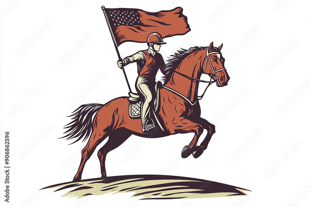 Cartoon equestrian rider with Olympic flag design for T shirt POD print on demand on white background