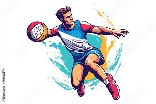 Cartoon dodgeball player with Olympic flag design for T shirt POD print on demand on white background
