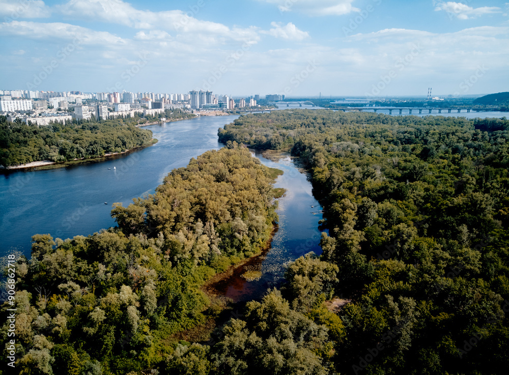 Fototapeta premium Aerial drone view of Dnipro river and Kyiv city.