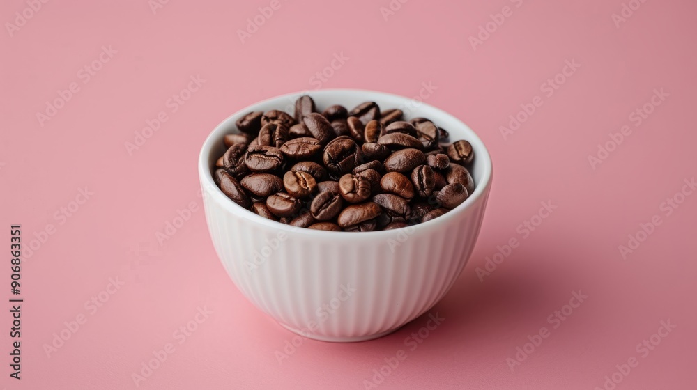 White cup filled with fresh coffee beans against pink background White cup filled with fresh coffee beans against pink background