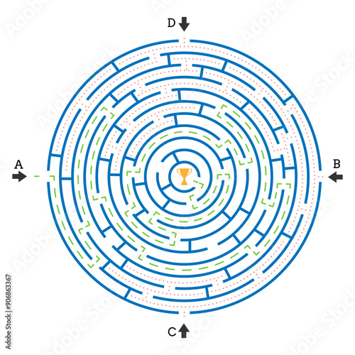 Maze. A design element for logical thinking with four inputs. One entrance leads to the center, three entrances lead to a dead end