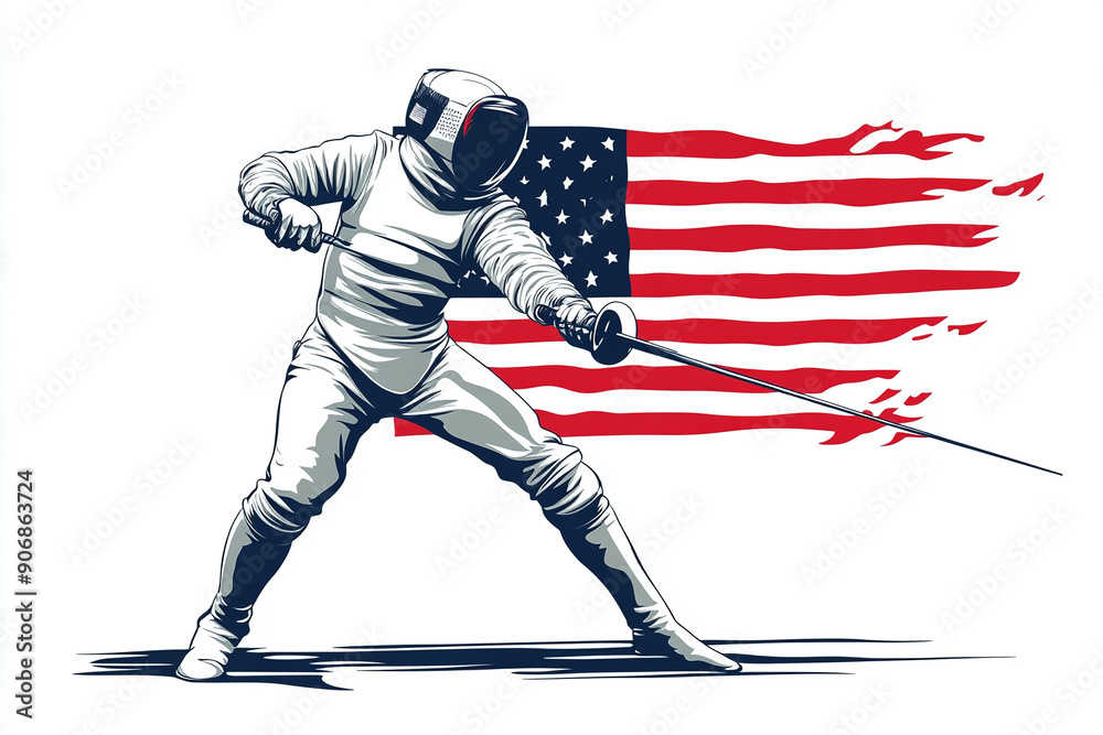 Fototapeta premium Cartoon fencer with USA flag design for T shirt POD print on demand on white background