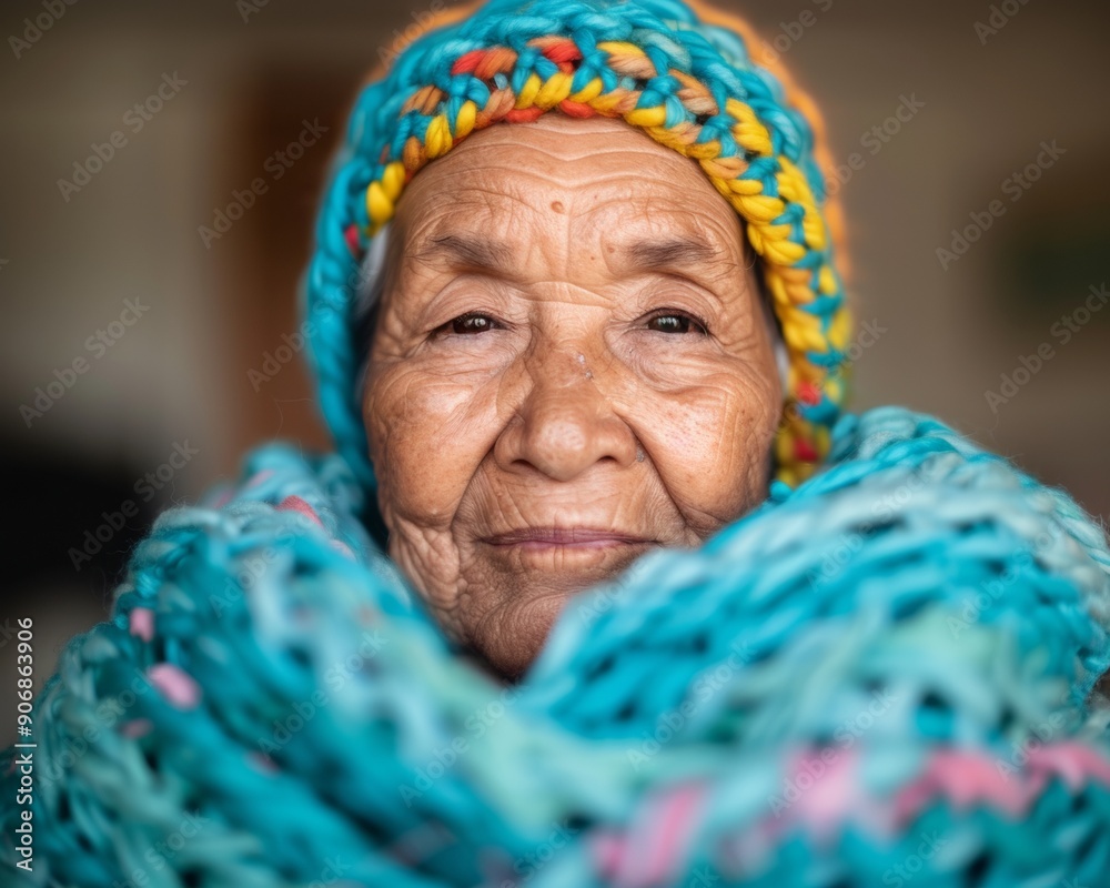 Elderly Hispanic Woman with Alzheimers Knitting Vibrantly in Warm Homely Setting