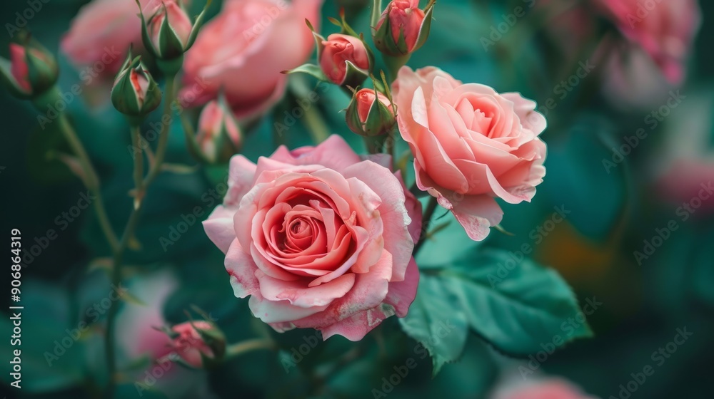 Close-up of pink roses in full bloom against a lush green background Close-up of pink roses in full bloom against a lush green background