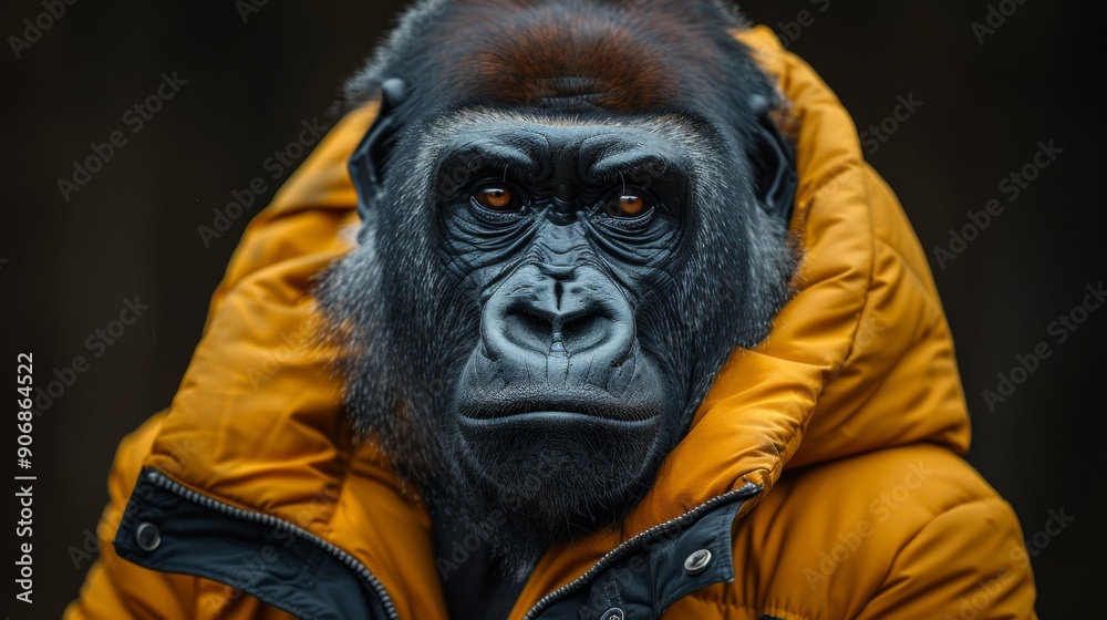 Portrait of an adult gorilla wearing a winter jacket looking at the camera Portrait of an adult gorilla wearing a winter jacket looking at the camera