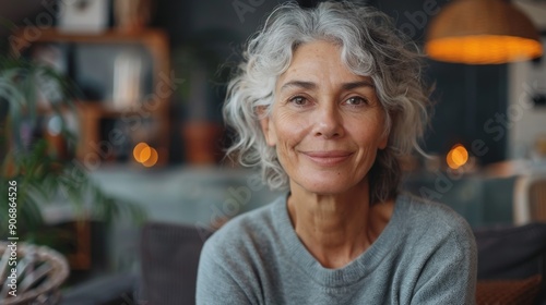 portrait of beautiful cheerful caucasian mature woman 50-60 years old in gym in sportswear looking at camera