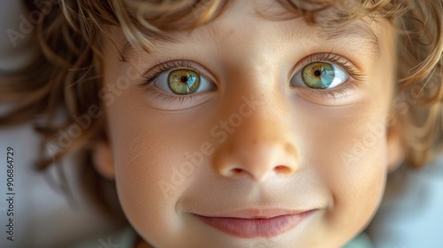 portrait of cute caucasian boy 8-10 years old with smile sincerely looking at camera, close-up of child's eye photo