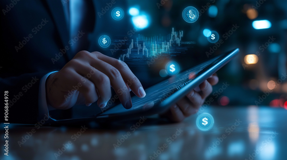 A businessman using a tablet for online banking, with digital money symbols and data clouds in the background A businessman using a tablet for online banking, with digital money symbols and data clouds in the background