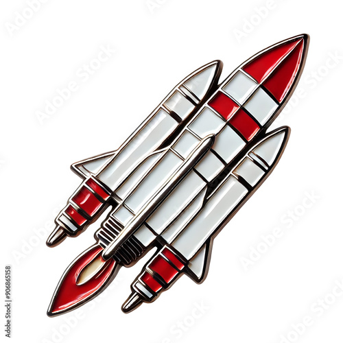 Space Rocket Enamel Pin, detailed space rocket with bold red and white colors, perfect for space enthusiasts and science fiction fans. The pin has a glossy finish and intricate design.