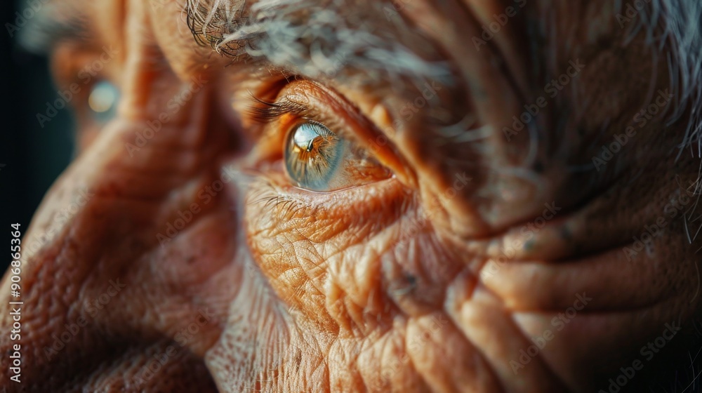 Obraz premium close up wrinkled eyes of old caucasian man 70-79 years old, thoughtful wise eyes of old man