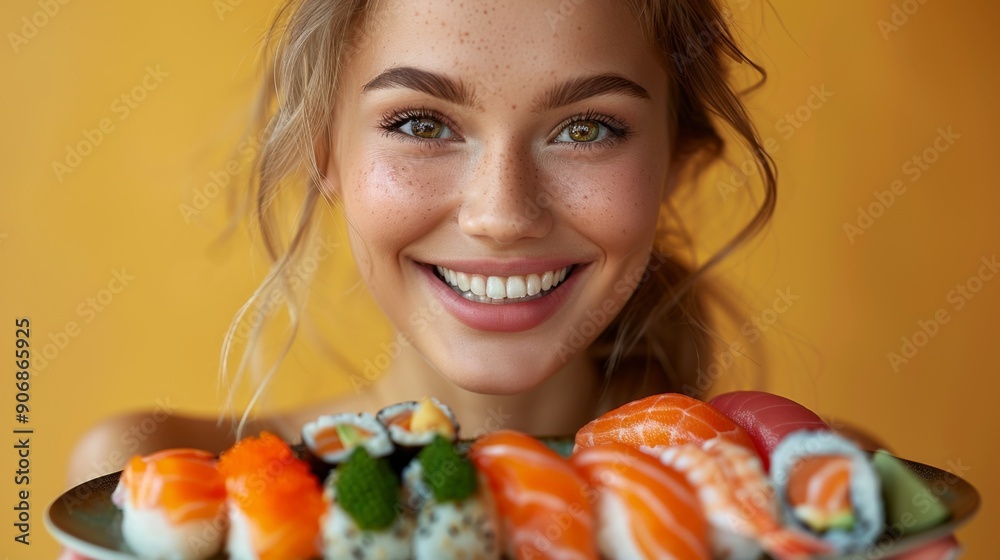 concept sushi restaurant delivery and preparation, portrait of a beautiful smiling young woman holding a plate with a set of delicious rolls, yellow studio background concept sushi restaurant delivery and preparation, portrait of a beautiful smiling young woman holding a plate with a set of delicious rolls, yellow studio background