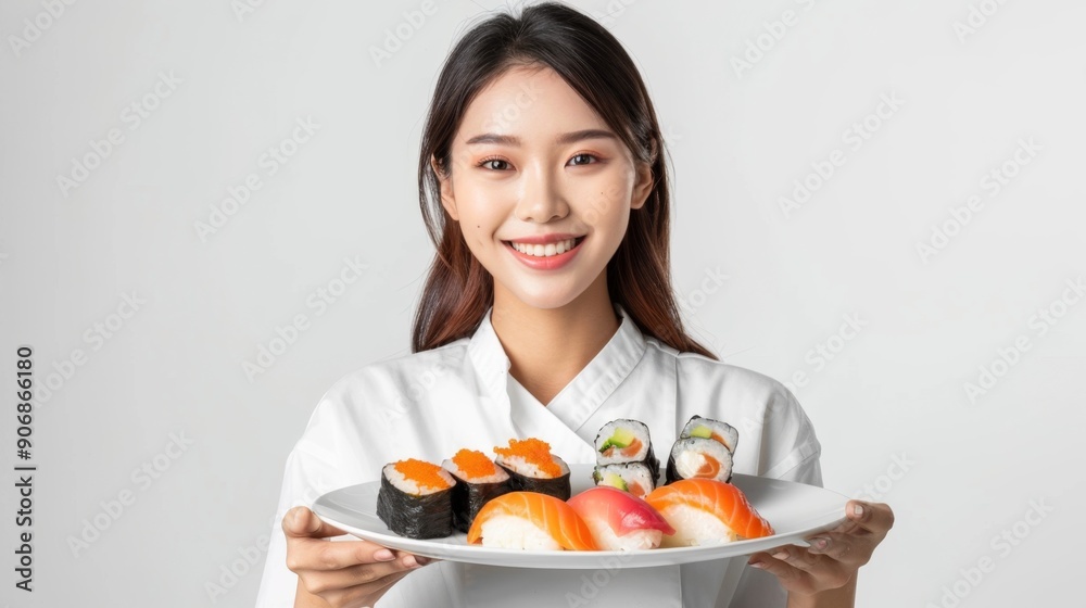 smiling beautiful asian young woman 20-25 years old waiter or cook in uniform holding plate with set of delicious sushi, concept asian sushi restaurant. white background smiling beautiful asian young woman 20-25 years old waiter or cook in uniform holding plate with set of delicious sushi, concept asian sushi restaurant. white background