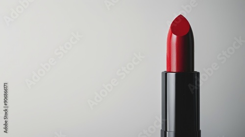 Close-up of a red lipstick in a sleek tube against a plain white background, highlighting its luxurious appeal. Perfect for beauty advertisements and product promotions.