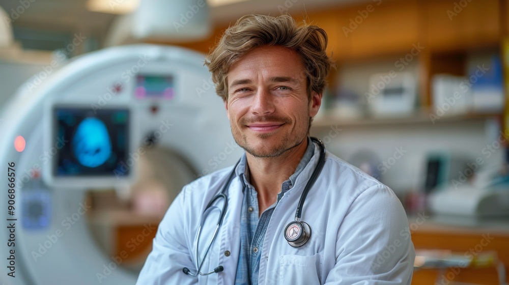 A healthcare worker with a friendly smile and a stethoscope around his neck stands in a medical facility, exuding confidence and warmth while surrounded by advanced diagnostic equipment A healthcare worker with a friendly smile and a stethoscope around his neck stands in a medical facility, exuding confidence and warmth while surrounded by advanced diagnostic equipment