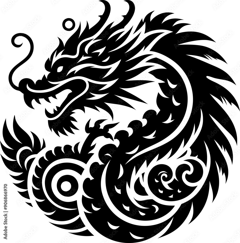 Obraz premium Solid Black Chinese Dragon Icon on White Background for Design and Artwork