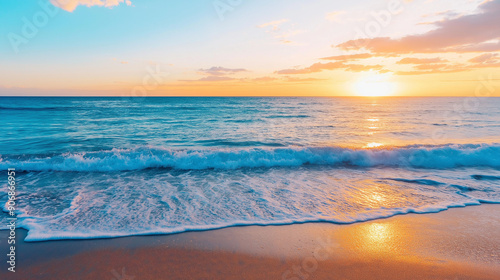 Serene beach scene with calming waves and a pastel sunset