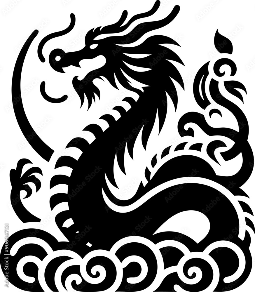 Naklejka premium Solid Black Chinese Dragon Icon on White Background for Design and Artwork