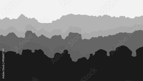 Vector background with silhouette of mountains in grayscale. Travel illustration