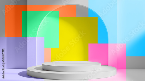 Simple minimalistic white product podium stage against colored geometric arch background, for product display, presentation and branding. 