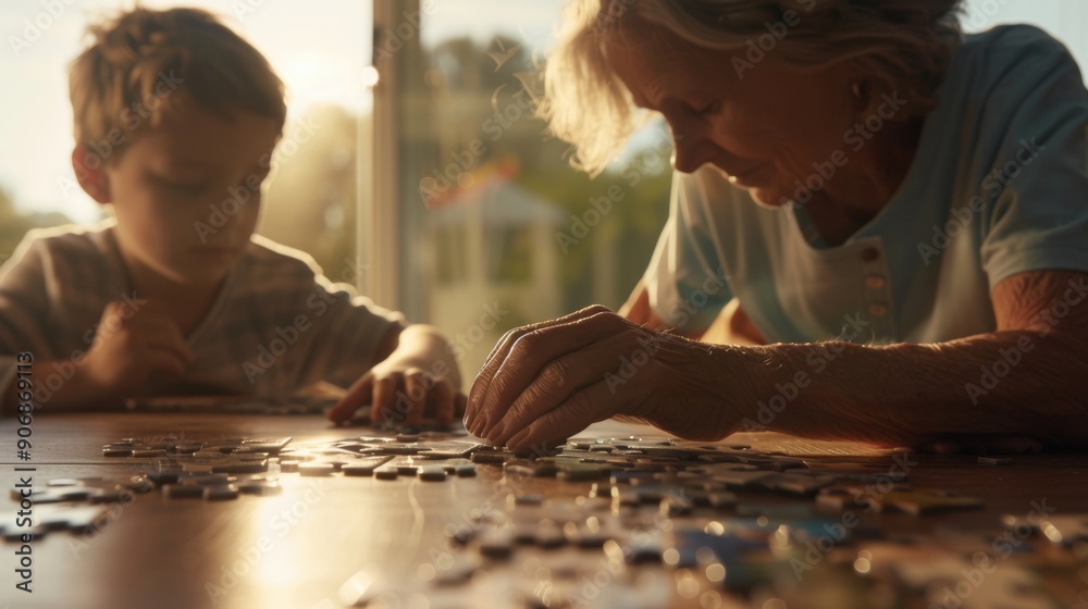 Elderly Woman of European Descent Receives Emotional Support from Grandson While Assembling Puzzle in Cozy, Naturally Lit Room During Daytime