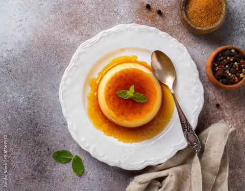 Delicious condensed milk pudding on white plate. Top view. Copy space. photo