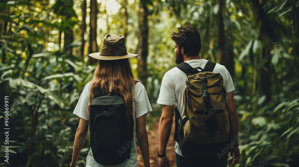 Naklejka premium Adventurous couple exploring a dense forest