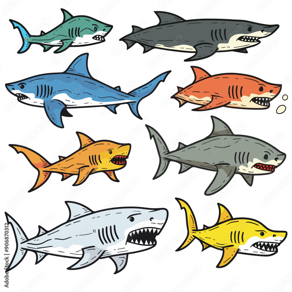 Obraz premium Colorful cartoon sharks swimming, variety sharks illustrated. Different shark species feature sharp teeth, fins, aggressive expressions. Marine life predators displayed, cartoon style sharks, ocean
