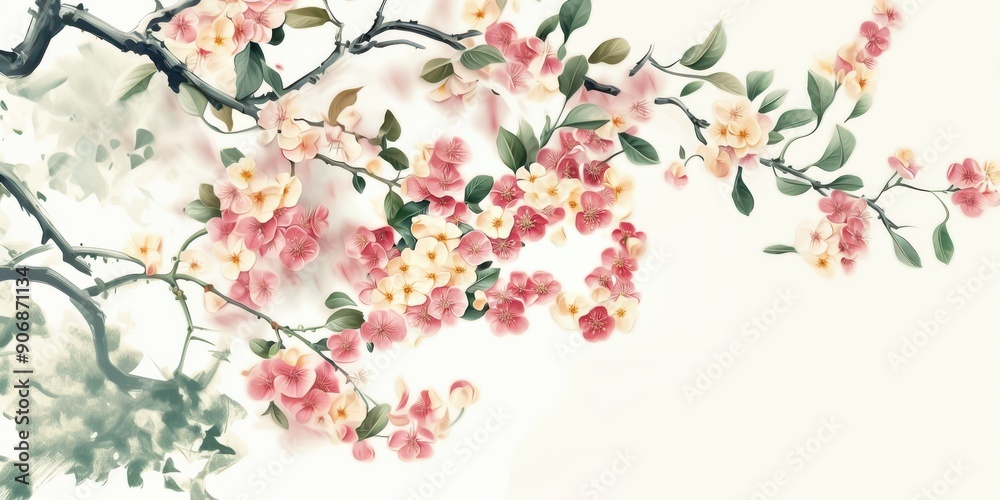 Fototapeta premium Beautiful illustration of delicate pink flowers sakura blossoming tree branches, vibrant petals and lush green leaves. Perfect for spring-themed designs, nature art, and floral compositions.