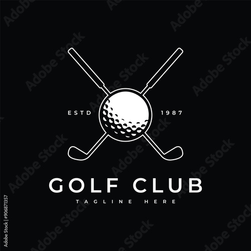 Golf ball and stick and golf, logo golf vector design with black background