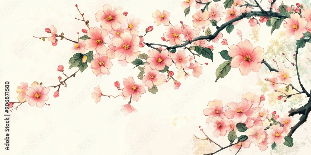 Beautiful illustration of delicate pink flowers sakura blossoming tree branches, vibrant petals and lush green leaves. Perfect for spring-themed designs, nature art, and floral compositions. Beautiful illustration of delicate pink flowers sakura blossoming tree branches, vibrant petals and lush green leaves. Perfect for spring-themed designs, nature art, and floral compositions.