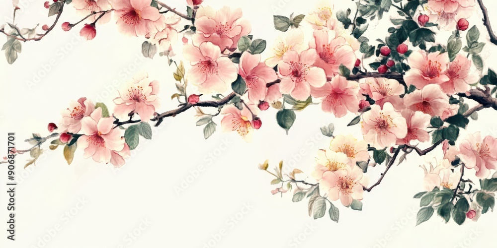 Fototapeta premium Beautiful illustration of delicate pink flowers sakura blossoming tree branches, vibrant petals and lush green leaves. Perfect for spring-themed designs, nature art, and floral compositions.
