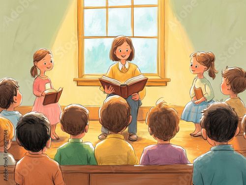Children gathered around a teacher in a Sunday school setting, eagerly listening to a Bible story. The scene highlights the nurturing environment . Generative AI