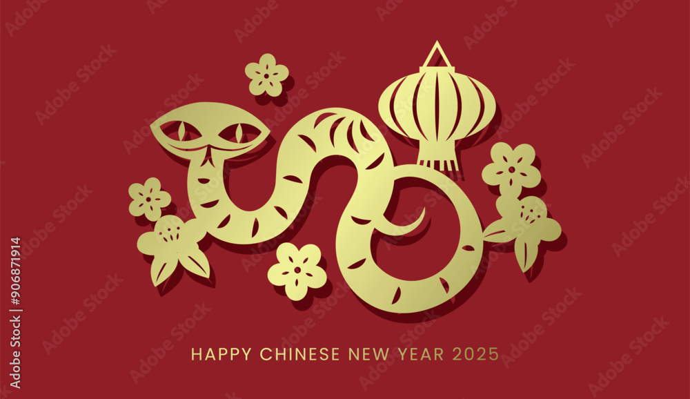 Fototapeta premium Golden zodiac snake on red background. Happy chinese new year 2025 or lunar new year of the snake paper cutting style greeting card. Zodiac snake with a chinese lantern.
