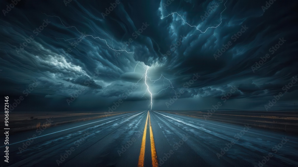 Highway under a dramatic stormy, lightning in the distance, Dark, Monochromatic, Digital art Highway under a dramatic stormy, lightning in the distance, Dark, Monochromatic, Digital art