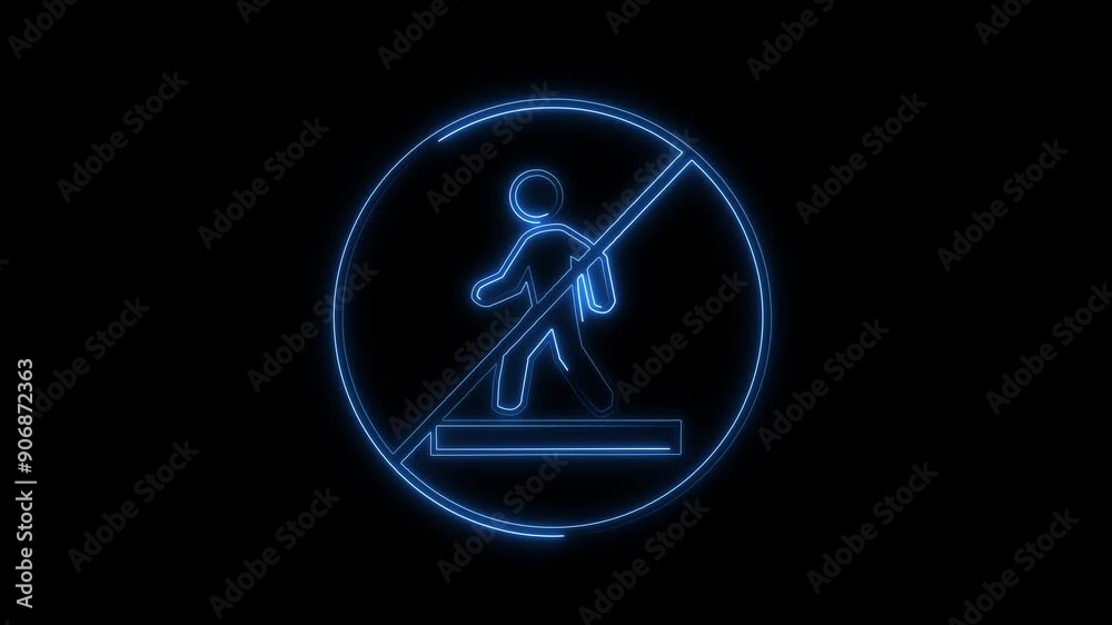 Neon line not walking icon. Neon sign with azure no entry animated on a dark background Neon line not walking icon. Neon sign with azure no entry animated on a dark background
