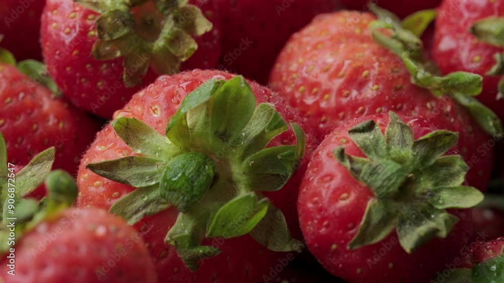 Ripe fresh strawberries background rotating macro video. Fresh fruit. Healthy eating