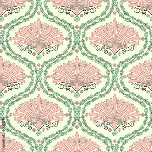 Seamless pattern with pink floral ogee and anthemion geometrical motifs on a cream background. Minimalist classic abstract repeat wallpaper.