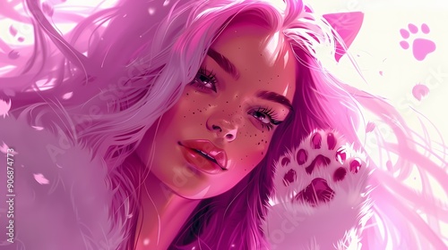 A dynamic digital portrait of a confident woman in a pink mask and cat ears, exuding strength and elegance.