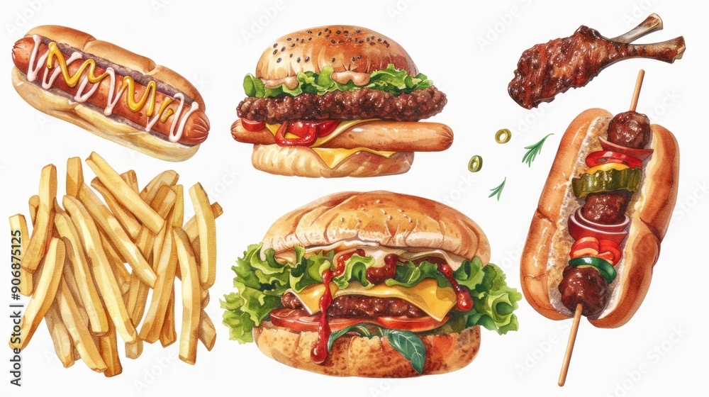Set of fast food isolated on a white background, including hot dogs and chicken sandwiches with fries and kebabs with drift meat steak Set of fast food isolated on a white background, including hot dogs and chicken sandwiches with fries and kebabs with drift meat steak