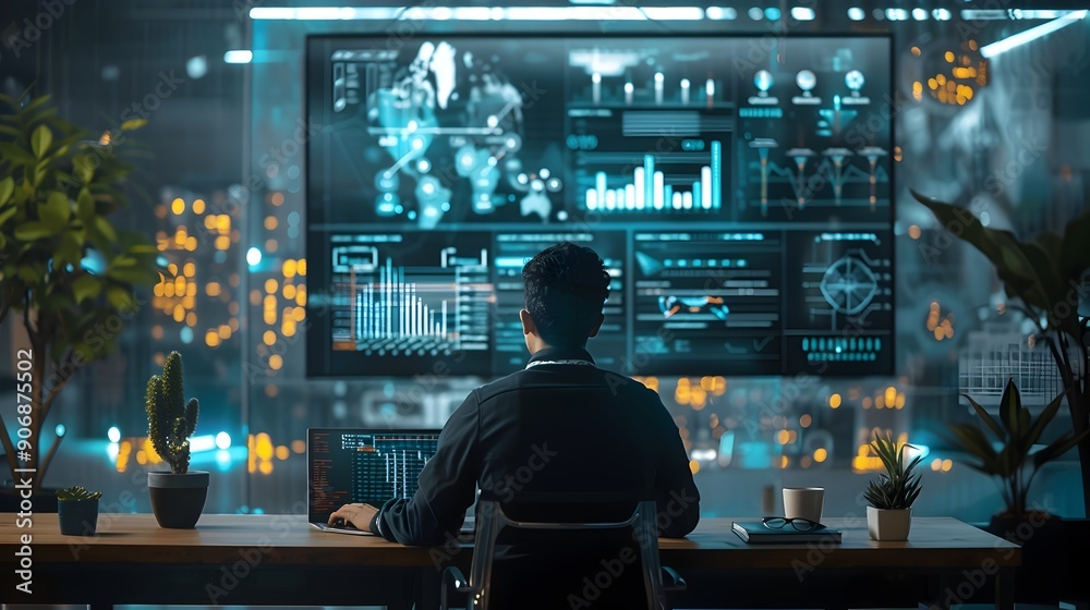 AI Driven Financial Hologram Analyst Displaying Complex Data and Charts in Modern Office