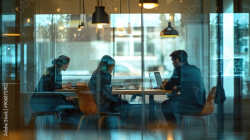A group of people are sitting at a table in a conference room