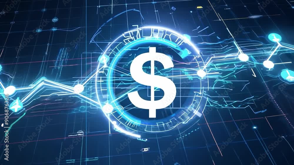 Digital dollar sign with glowing lines and nodes on a blue background. Futuristic financial technology illustration. Finance and technology concept. Design for poster, banner, print Digital dollar sign with glowing lines and nodes on a blue background. Futuristic financial technology illustration. Finance and technology concept. Design for poster, banner, print