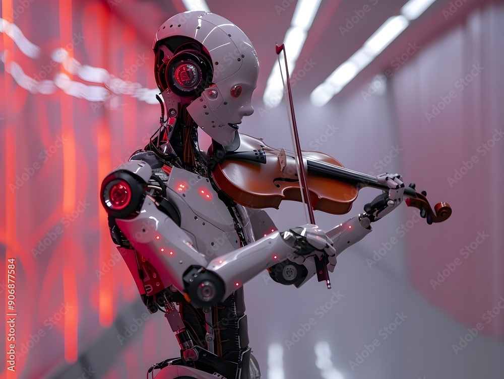 Fototapeta premium Humanoid Robot Performing Futuristic Concert with Precision Violin Playing