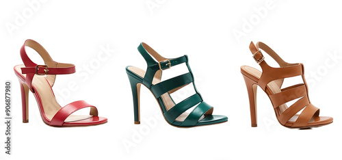 Three pairs of women's heeled sandals in red, green, and tan leather, with a caged design and ankle straps. Perfect for fashion blogs, online stores, or summer footwear promotions. Transparent PNG.