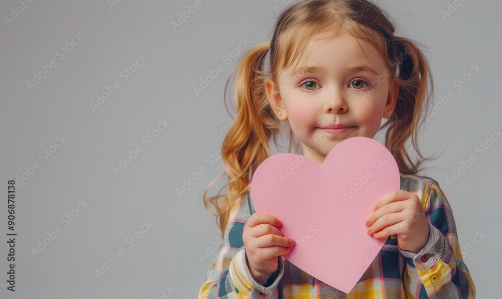 Adorable girl with pink heart card on pink background. Free copy space for text. Adorable girl with pink heart card on pink background. Free copy space for text.