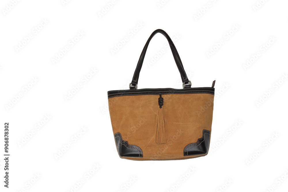 A tan purse with a black strap and a black trim A tan purse with a black strap and a black trim