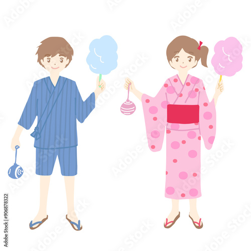 浴衣と作務衣を着ている男女の子どものイラスト。彼らは笑顔で手に綿あめとヨーヨーを持っています。