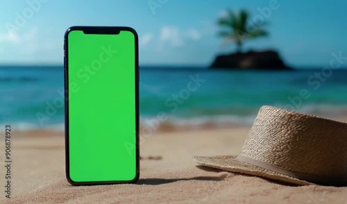 green screen smartphone mockup on the beach with hat. Generative AI.